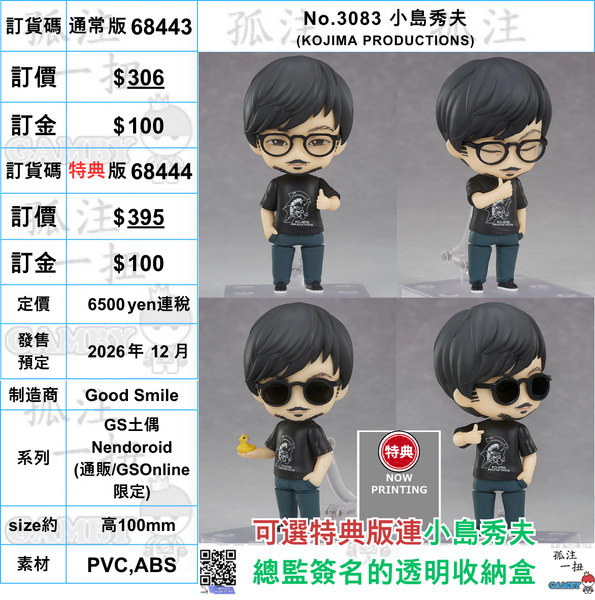 訂貨碼:68443&68444 <訂價$306&395> #(免手續費)No.3083 小島秀夫(KOJIMA PRODUCTIONS)=GS土偶Nendoroid