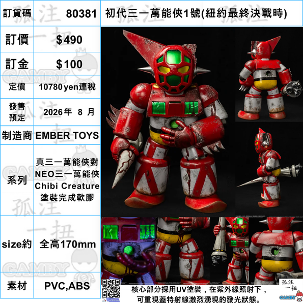 訂貨碼:80381 <訂價$490> #(免手續費)初代三一萬能俠1號(紐約最終決戰時)=Chibi Creature 真三一萬能俠對NEO三一萬能俠 塗裝完成軟膠