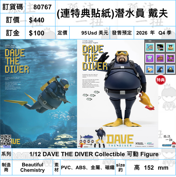 訂貨碼:80767<訂價$440> #(免手續費)(連特典貼紙)潛水員 戴夫=1/12 DAVE THE DIVER Collectible 可動 Figure