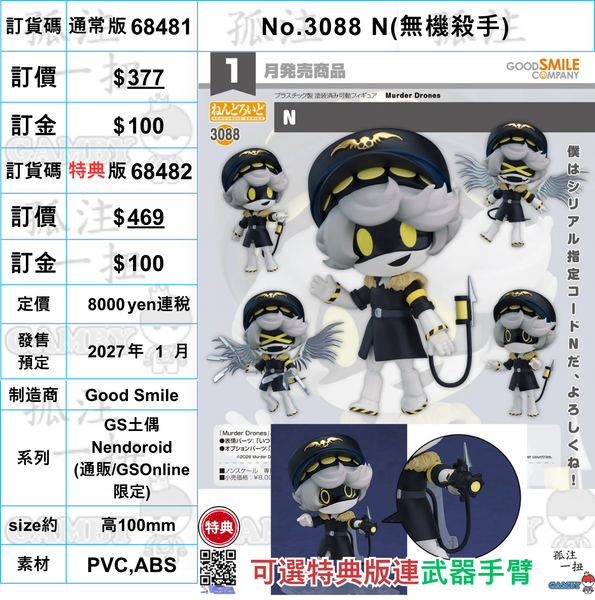 訂貨碼:68481&68482 <訂價$377&469> #(免手續費)No.3088 N(無機殺手)=GS土偶Nendoroid