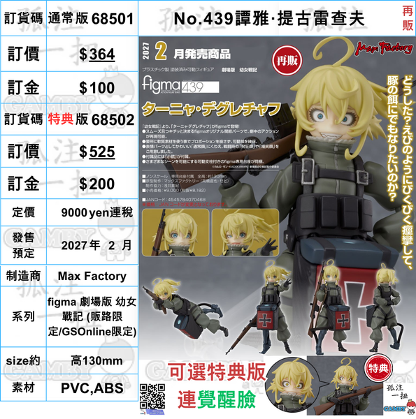 訂貨碼:68501&68502 <訂價$364&525> #(日版)No.439譚雅·提古雷查夫(再販)=figma 劇場版 幼女戰記(販路限定)