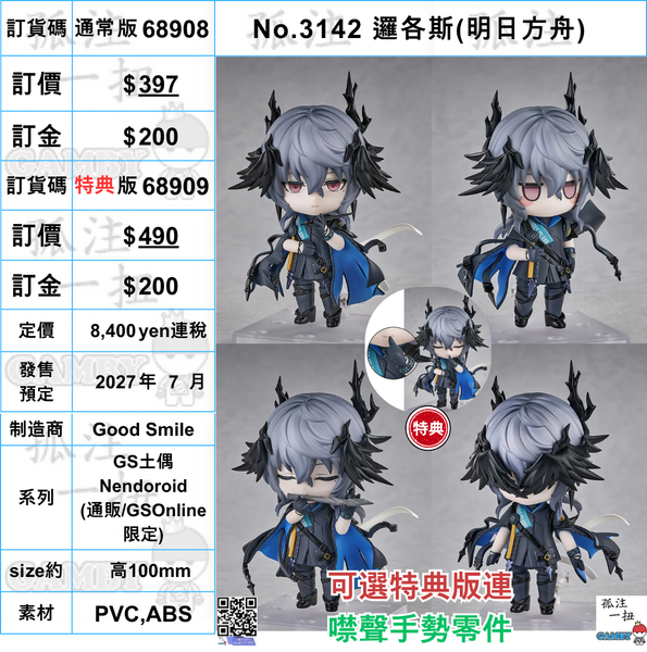 訂貨碼:68908&68909 <訂價$397&490> #(免手續費)No.3142 邏各斯(明日方舟)=GS土偶Nendoroid