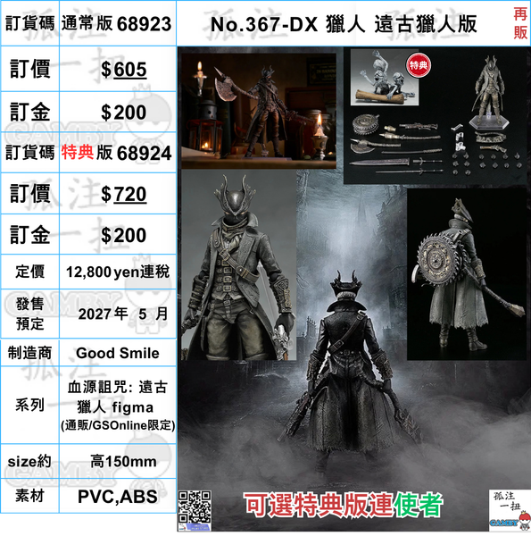 訂貨碼:68923&68924 <訂價$605&720> #(免手續費)No.367-DX 獵人 遠古獵人版 再販=血源詛咒: 遠古獵人 figma