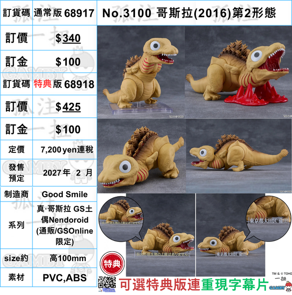 訂貨碼:68917&68918 <訂價$340&425> #(免手續費)No.3100 哥斯拉(2016)第2形態=真·哥斯拉 GS土偶Nendoroid
