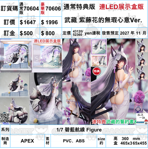 訂貨碼:70604&70606 <訂價$1647&1996> #(免手續費)(連2種特典)武藏 紫藤花的無瑕心意Ver.=1/7 碧藍航線 Figure