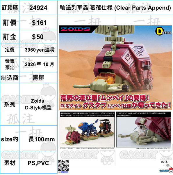 訂貨碼:24924 <訂價$161> #(免手續費) 輸送列車蟲 慕蓓仕様 (Clear Parts Append)=Zoids D-Style模型