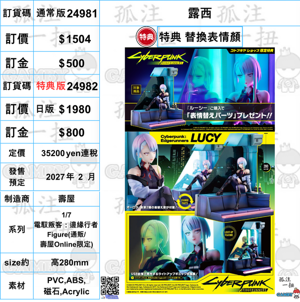訂貨碼:24981&24982 <訂價$1504&1980> #(免手續費) 露西=1/7 電馭叛客：邊緣行者 Figure