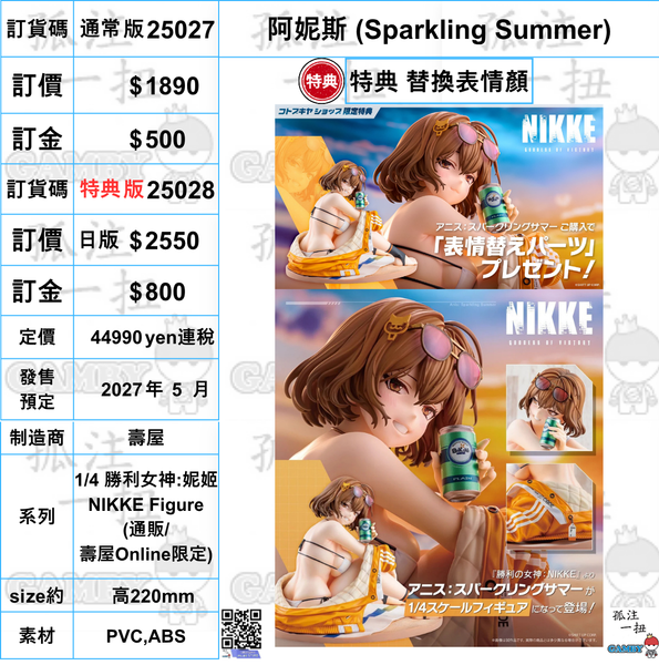 訂貨碼:25027&25028 <訂價$1890&2550> #(免手續費) 阿妮斯 (Sparkling Summer)=1/4 勝利女神:妮姬NIKKE Figure