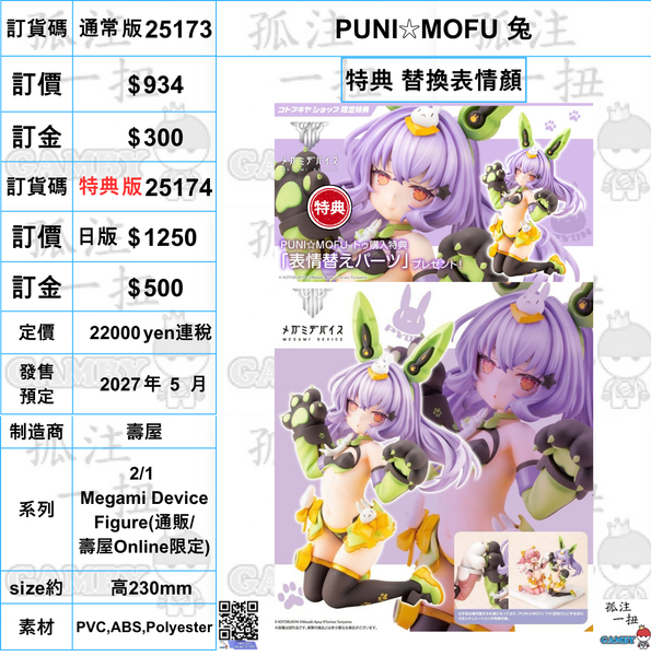訂貨碼:25173&25174 <訂價$934&1250> #(免手續費) PUNI☆MOFU 兔=2/1 Megami Device Figure
