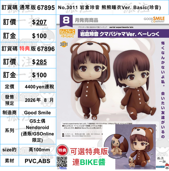 訂貨碼:67895&67896 <訂價$207&285> #(免手續費)No.3011 岩倉玲音 熊熊睡衣Ver. Basic(玲音)=GS土偶Nendoroid