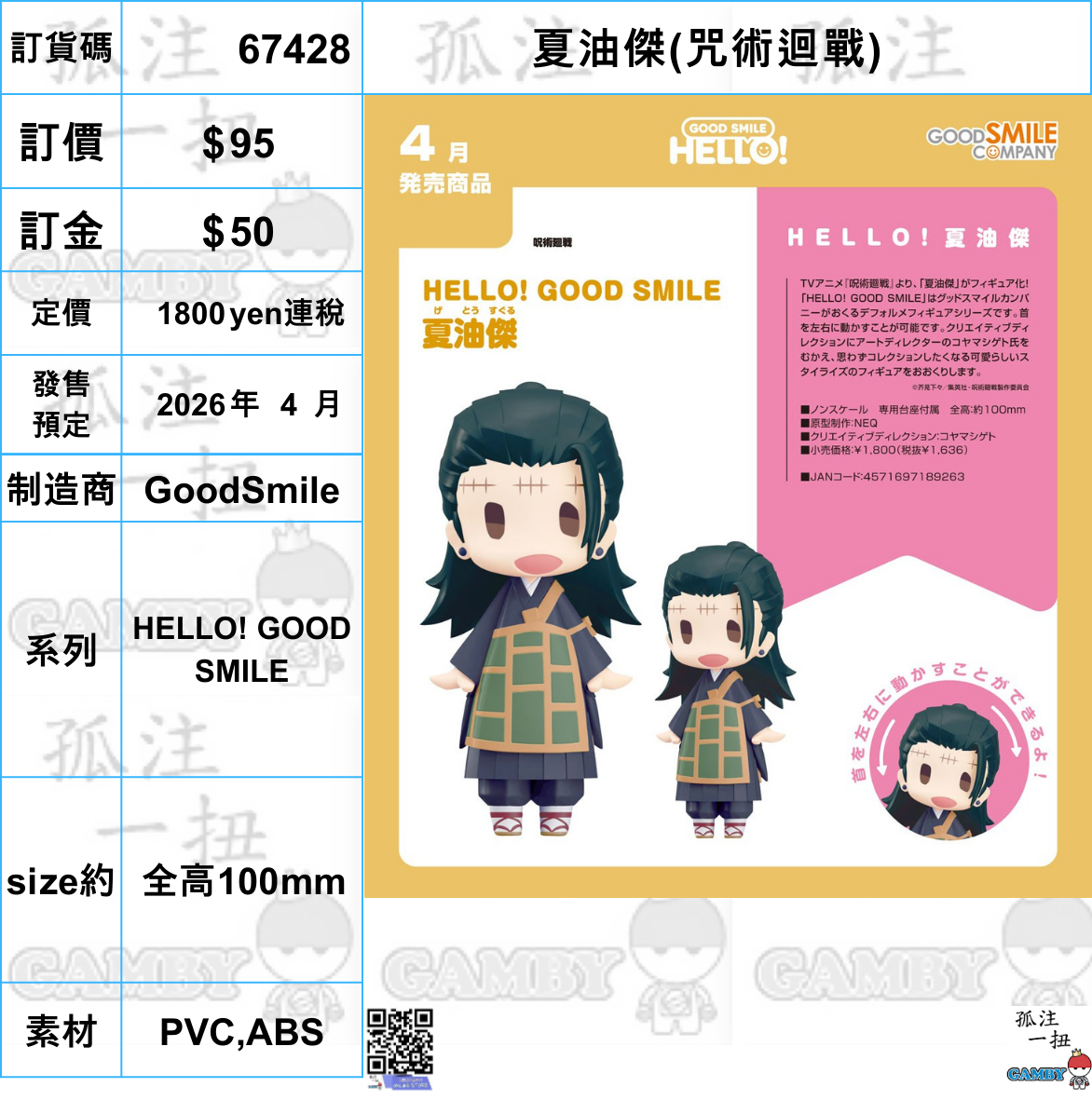 訂貨碼:67428 <訂價$95> #(免手續費)夏油傑(咒術迴戰)=HELLO! GOOD SMILE