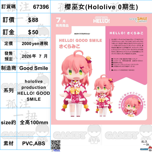 訂貨碼:67396 <訂價$88> #(免手續費)櫻巫女(Hololive 0期生)=hololive production HELLO! GOOD SMILE6