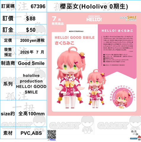 訂貨碼:67396 <訂價$88> #(免手續費)櫻巫女(Hololive 0期生)=hololive production HELLO! GOOD SMILE6