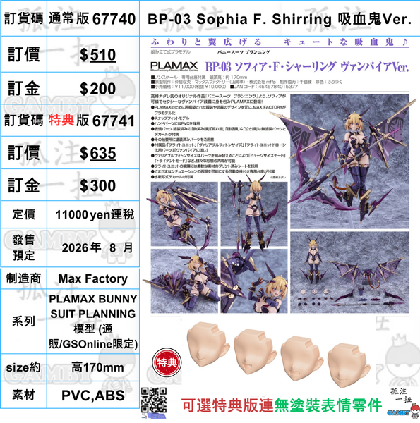 訂貨碼:67740&67741 <訂價$510&$635> #(免手續費)BP-03 Sophia F. Shirring 吸血鬼Ver.=PLAMAX BUNNY SUIT PLANNING 模型