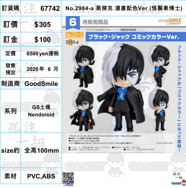 訂貨碼:67742<訂價$305> #(免手續費)No.2984-a 黑傑克 漫畫配色Ver.(怪醫秦博士)=GS土偶Nendoroid