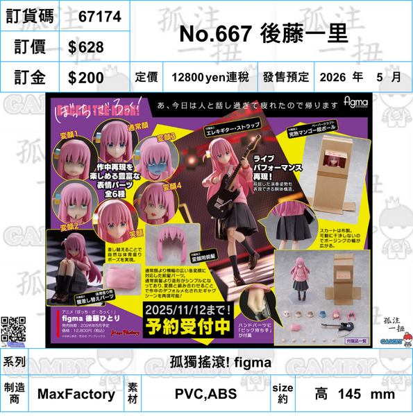 訂貨碼:67174 <訂價$628> #(免手續費)No.667 後藤一里=孤獨搖滾! figma