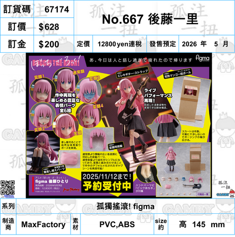 訂貨碼:67174 <訂價$628> #(免手續費)No.667 後藤一里=孤獨搖滾! figma