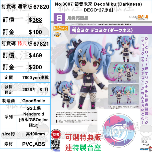 訂貨碼:67820&67821 <訂價$368&469> #(免手續費)No.3006 初音未來 DecoMiku (Darkness)=GS土偶Nendoroid