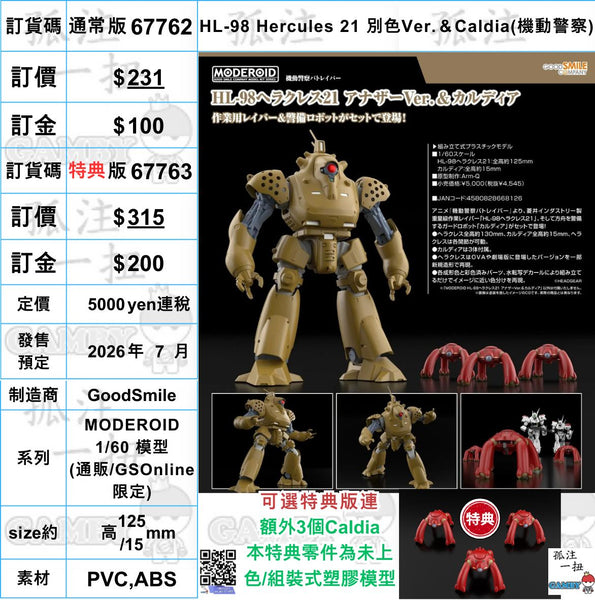 訂貨碼:67762 <訂價$231> #(通常版)HL-98 Hercules 21 別色Ver.＆Caldia(機動警察)=MODEROID模型