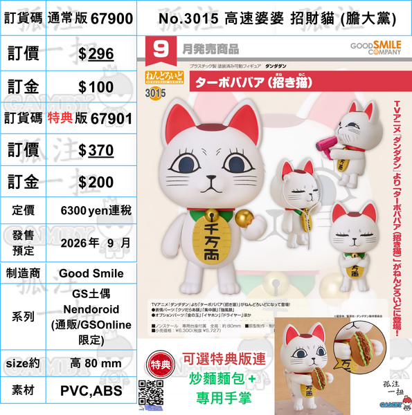 訂貨碼:67900&67901 <訂價$296&370> #(免手續費)No.3015 高速婆婆招財貓(膽大黨)=GS土偶Nendoroid