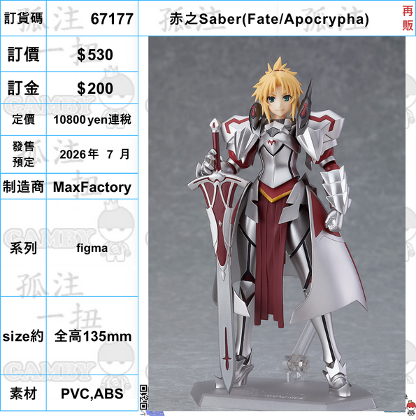 訂貨碼:67177 <訂價$530> #(免手續費)No.414 赤之Saber(Fate/Apocrypha) 再販=figma