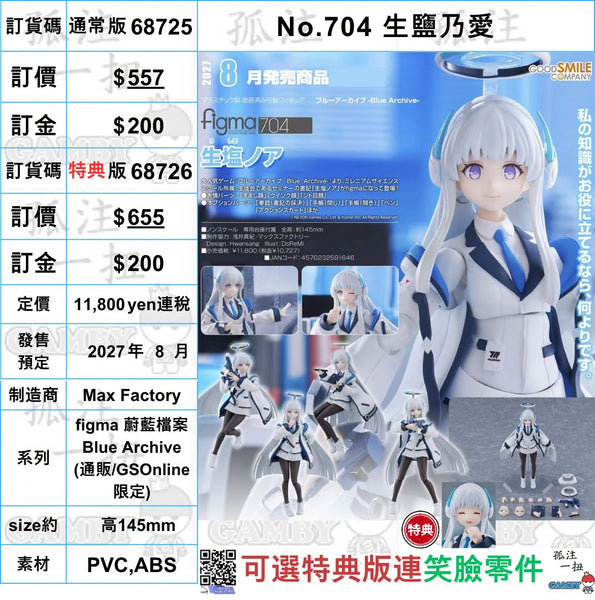 訂貨碼:68725&68726 <訂價$557&655> #(免手續費)No.704 生鹽乃愛=figma 蔚藍檔案 Blue Archive-