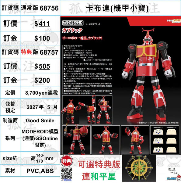 訂貨碼:6875667857 <訂價$411&505> #(免手續費)卡布達(機甲小寶)=MODEROID模型
