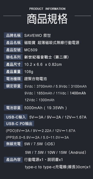 Z(ONLINESALES等通知現貨)No:148347 <Price$318> #MC509 超薄磁吸式行動電源 明日香= SAVEWO X EVANGELION 【現貨 其他】4897115148347