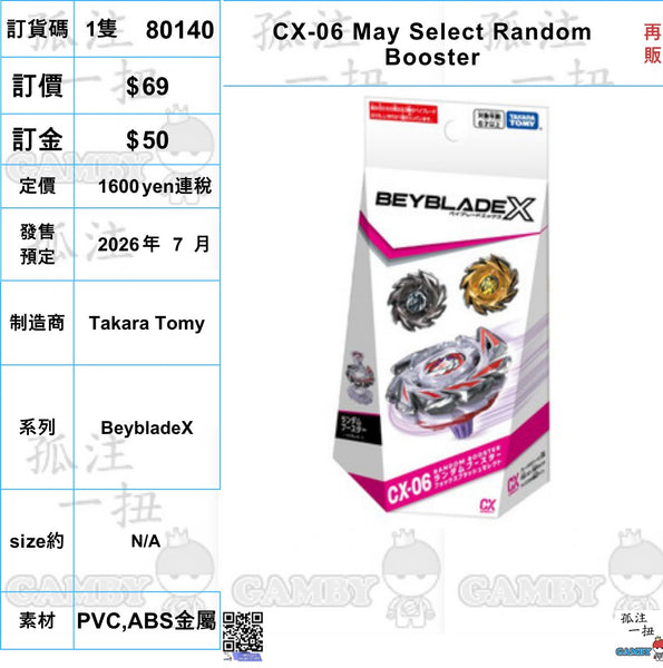 訂貨碼:80140 <訂價$69> #(免手續費)(隨機1pcs)CX-06 May Select