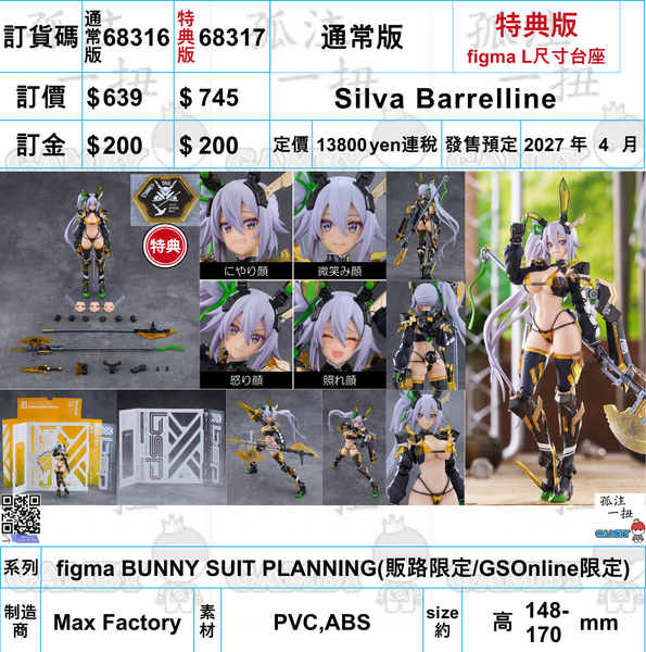 訂貨碼:68316&68317 <訂價$639&745> #(免手續費)Silva Barrelline=figma BUNNY SUIT PLANNING(販路限定)